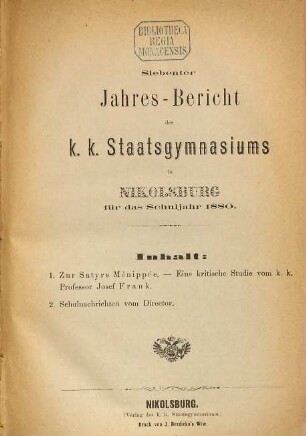 Jahresbericht des K.K. Staatsgymnasiums in Nikolsburg : erstattet am Schlusse des Schuljahres .... 7. 1879/80