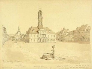 Der Marktplatz mit dem neuen Rathaus (1826-28 errichtet) in Rochlitz in Mittelsachsen, im HIintergrund die Kirche St. Kunigunde, Blick nach Osten