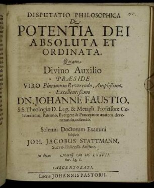 Disputatio Philosophica De Potentia Dei Absoluta Et Ordinata