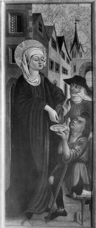 Die heilige Elisabeth mit Krüppeln : Die heilige Elisabeth mit Krüppeln. Tafelmalerei (vor 1530; Simon von Taisten). Meersburg, Altes Schloss, Burgkapelle
