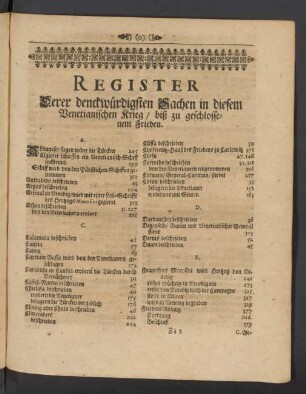Register Derer denckwürdigsten Sachen in diesem Venetianischen krieg/ biß zu geschlossenem Frieden.