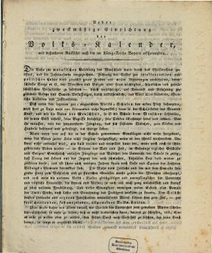 Über zweckmäßige Einrichtung der Volkskalender : mit besonderer Rücksicht auf die im Königreiche Bayern erscheinenden