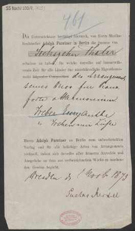 [Quittung / Verlagsschein] Quittung über 16 Thaler für "das ausschliessliche Eigenthumsrecht der Arrangements temes Duos für Pianoforte & Harmonien [...]"