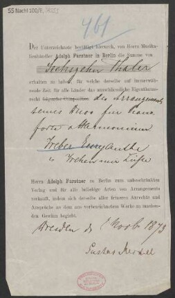 [Quittung / Verlagsschein] Quittung über 16 Thaler für "das ausschliessliche Eigenthumsrecht der Arrangements temes Duos für Pianoforte & Harmonien [...]"