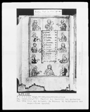 Psalter der Mechthild von Anhalt — Litaneiseite, umrahmt von den zwölf Aposteln, Folio 186verso