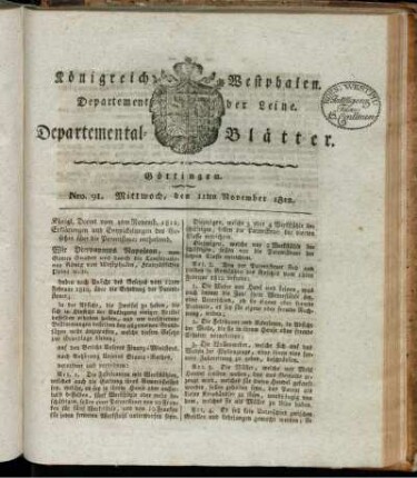 Nro. 91. Mittwoch, den 11ten November 1812 [-] Nro. 104. Mittwoch, den 30ten December 1812