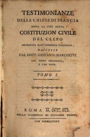 Testimonianze delle chiese di Francia sopra la cosi detta Costituzion civile del Clero