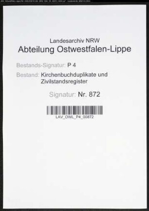Kirchenbuchduplikate der katholischen Gemeinde (H 1872). (Gemeinde: Bochum, katholische Gemeinde Stadt und Land (getrennt))