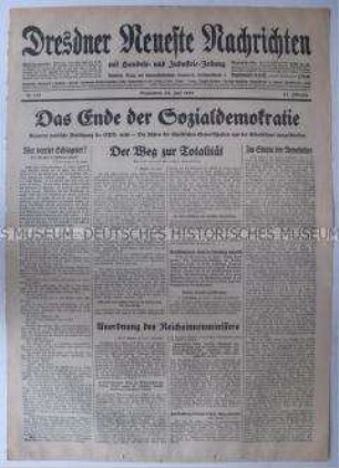 Titelblatt der "Dresdner Neueste Nachrichten" zum Verbot der SPD