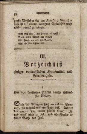 III. Verzeichniß einiger vortrefflichen Hausmittel und Lebensregeln.