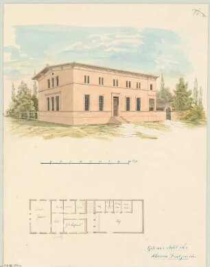 Schulhaus Monatskonkurrenz August 1843: Grundriss Erdgeschoss, perspektivische Ansicht; Maßstabsleiste