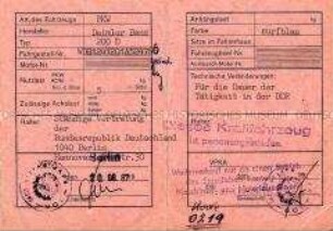 Zulassungsschein der DDR für ein Fahrzeug der Ständigen Vertretung der Bundesrepublik