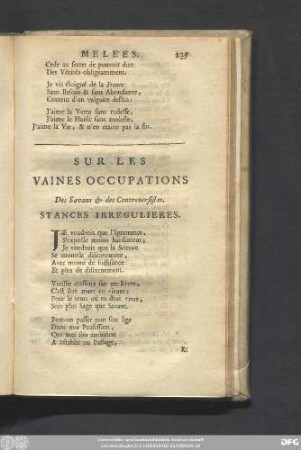 Sur Les Vaines Occupations Des Savans & des Controversistes. Stances Irregulieres.