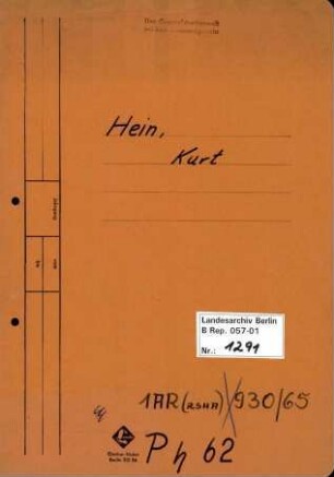 Personenheft Kurt Hein (*28.12.1900), Polizeiobersekretär