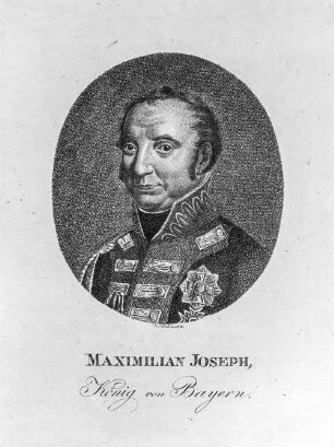 Schule, Christian: Maximilian I. Joseph, König von Bayern ( 1756-1825), Punktiermanier; 194 x 131 mm (Plattenrand). Dresden: Kupferstich-Kabinett A 148973 in A 215 m, 3 (D XVIII, Stecherband, Deutsche Meister), Singer 62141