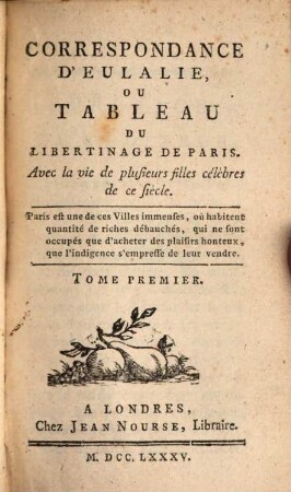 Correspondance d'Eulalie ou tableau du libertinage de Paris, T. 1