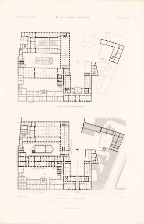 Reichsdruckerei, Berlin: Grundriss EG, 1.OG (aus: Atlas zur Zeitschrift für Bauwesen, hrsg. v. Ministerium der öffentlichen Arbeiten, Jg. 39, 1889)