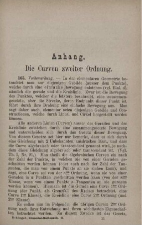 Anhang. Die Curven zweiter Ordnung.