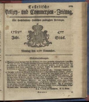 47tes Stueck, Montag den 23ten November. 1789