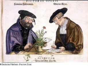 Pictores Operis Heinricus Füllmaurer Albertus Meyer (Heinrich Füllmaurer und Albrecht Meyer beim Zeichnen der De historia stirpium commentarii insignes maximis impensis et vigiliis elaborati)