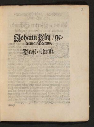 Johann Klaj/ gekrönten Poetens Trost-schrifft