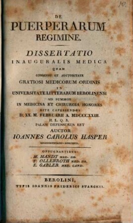 De puerperarum regimine : Diss. inaug. med.
