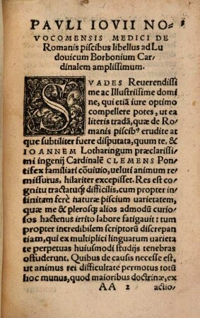 Pavli Iovii Comensis Medici De Romanis Piscibus libellus : ad Ludouicum Borbonium Cardinalem amplissimum