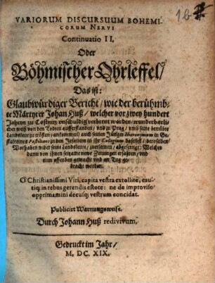 Variorum discursuum Bohemicorum Nervus : Continuatio II ; Böhmischer Ohrlöffl