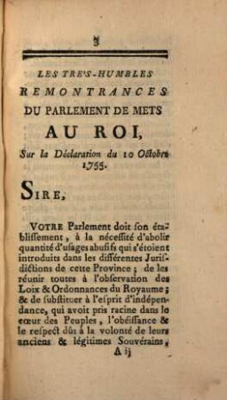 Remontrances du Parlement du Mets au sujet du Grand Conseil