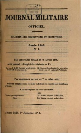 Journal militaire officiel. Bulletin des nominations et promotions, 1846,[3], Sem. 1