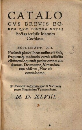 Catalogvs Brevis Eorvm Qvae Contra Novas Sectas scripsit