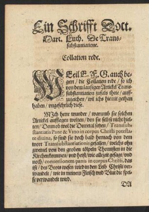 Ein Schrifft Doct. Mart. Luth. De Transsubstantiatione. Collation rede.