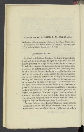 Parecer del muy reverendo P. Fr. Juan de Avila