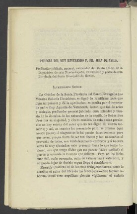 Parecer del muy reverendo P. Fr. Juan de Avila
