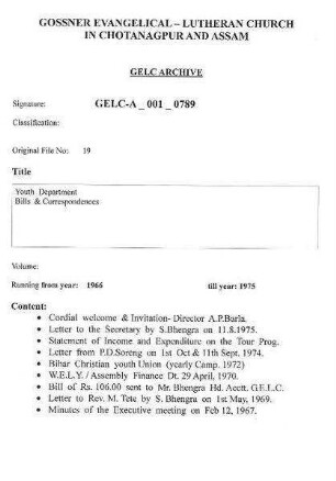 Youth Department - Bills & Correspondences