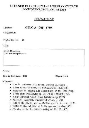 Youth Department - Bills & Correspondences