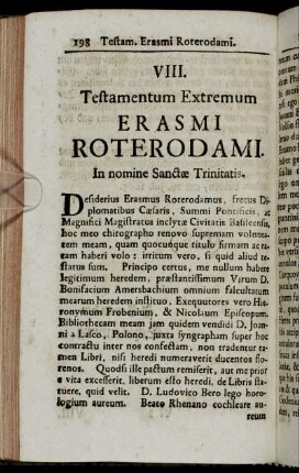 VIII. Testamentum Extremum Erasmi Roterodami.