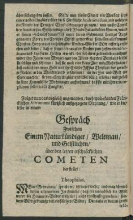 Gespräch Zwischen Einem Naturkündiger/ Weltman/ und Geistlichen/ über den letzten erschröcklichen Cometen