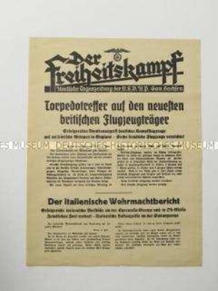 Nachrichtenblatt der sächsischen NSDAP-Zeitung "Der Freiheitskampf" über die deutsche Bombardierung englischer Häfen, Rüstungsindustrie sowie Flughäfen