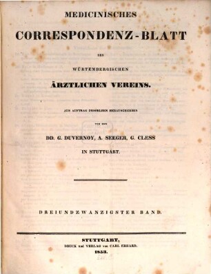 Medicinisches Correspondenzblatt des Württembergischen Ärztlichen Vereins. 23. 1853