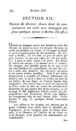 Section XII. Notices de diverses choses dont la connoissance est utile aux étrangers qui font quelque séjour à Berlin