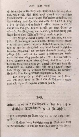 108. Alimentation und Satisfaction bei der außerehelichen Schwängerung im Fuldischen.
