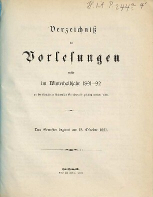 Verzeichnis der Vorlesungen der Universität zu Greifswald. 1891/92 WH