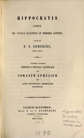 Liber de victus ratione in morbis acutis : Edidit F. Z. Ermerins