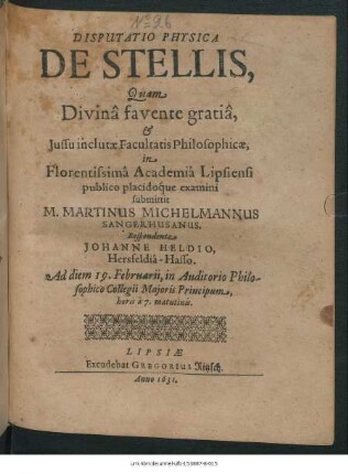 Disputatio Physica De Stellis