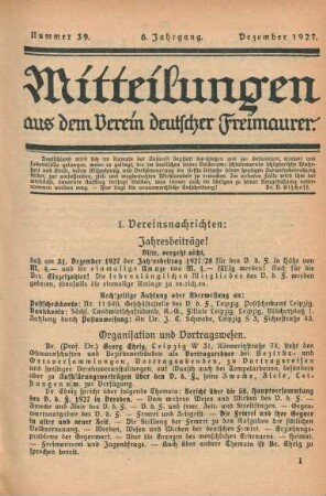 Nummer 39. 6. Jahrgang. Dezember 1927.