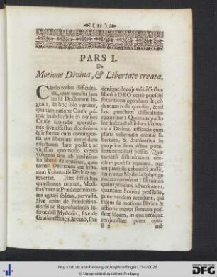 Pars I. De Motione Divina, et Libertate creata.