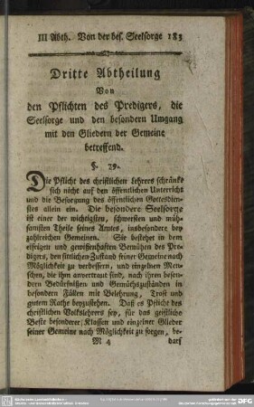 Dritte Abtheilung. Von den Pflichten des Predigers, die Seelsorge und den besonderen Umgang mit den Gliedern der Gemeine betrffend