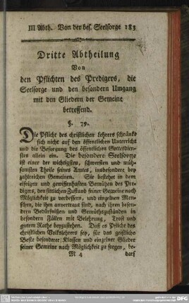 Dritte Abtheilung. Von den Pflichten des Predigers, die Seelsorge und den besonderen Umgang mit den Gliedern der Gemeine betrffend