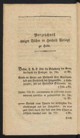 Verzeichniß einiger Bücher in Hendels Verlage zu Halle.